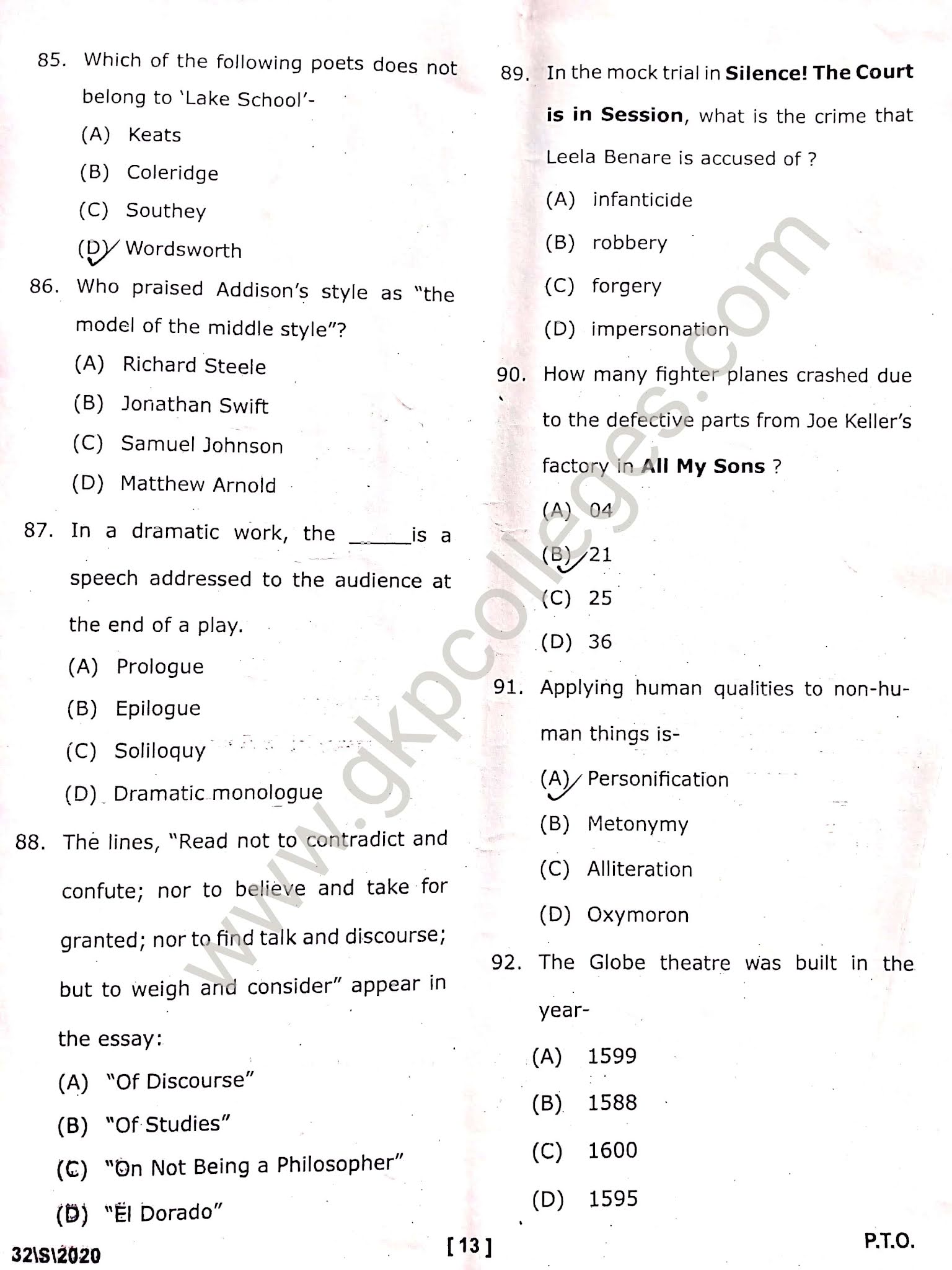 DDU M.A. English Entrance Exam Question Paper 2020 with Answer Key