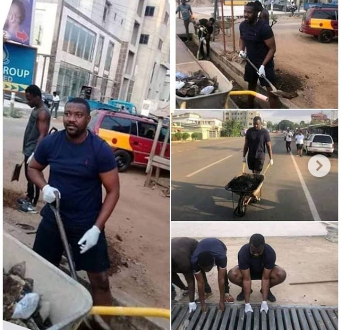 Ghanaian actor, John Dumelo cleaning the streets of Abelemkpe, Ghana