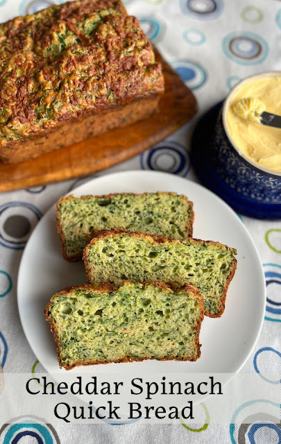 Food Lust People Love: This Cheddar Spinach Quick Bread is leavened with baking powder and soda, no waiting on a rise. It mixes up quickly. Enjoy a savory, tasty loaf with only 55-60 minutes of baking.