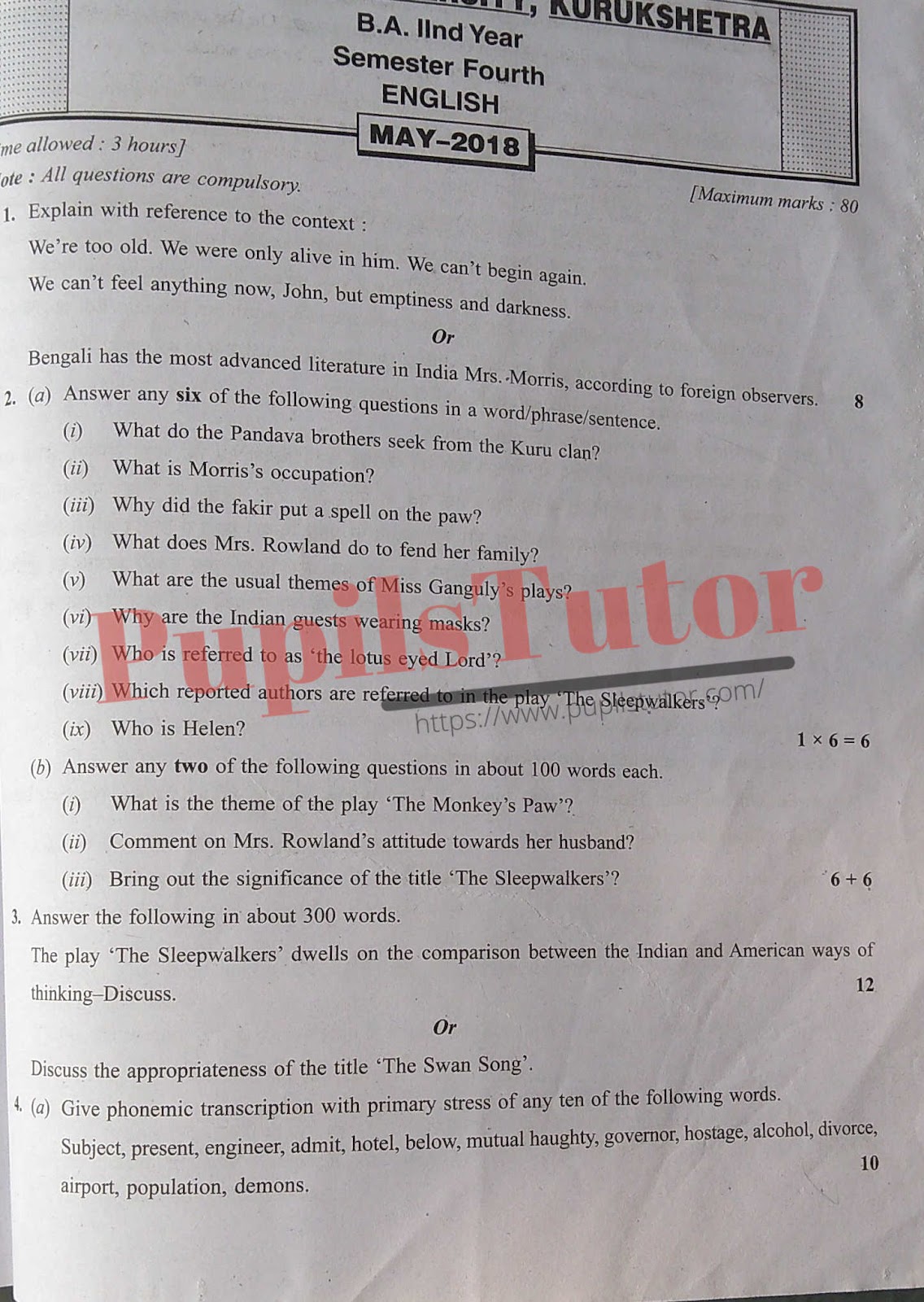 KUK (Kurukshetra University, Kurukshetra Haryana) BA Semester Exam Fourth Semester Previous Year English Question Paper For May, 2018 Exam (Question Paper Page 1) - pupilstutor.com