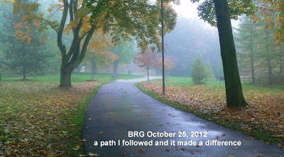 Fallen leaves on lawns, paved pathway leading to Godfreys Lane exit from BRG.