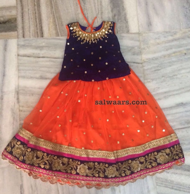 Orange Navy Blue Glass Work Lehenga