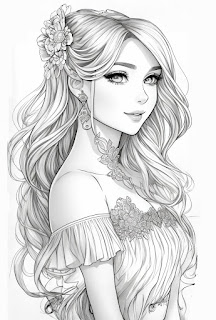 Beautiful girl with earring necklace flowers in her hair coloring page