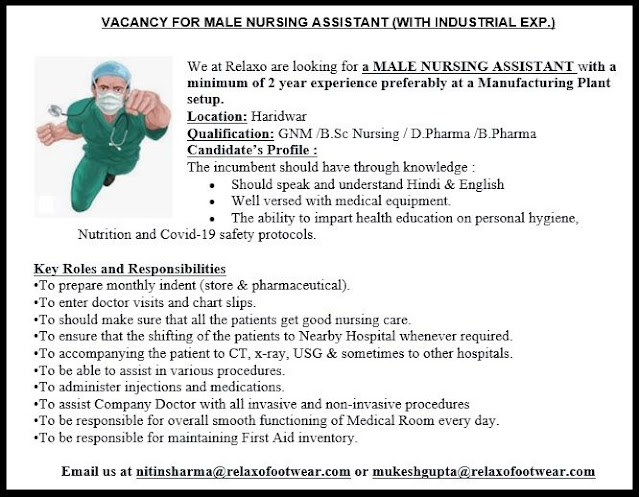 MALE NURSING ASSISTANT Relaxo footwear Haridwar