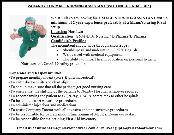 MALE NURSING ASSISTANT Relaxo footwear Haridwar 