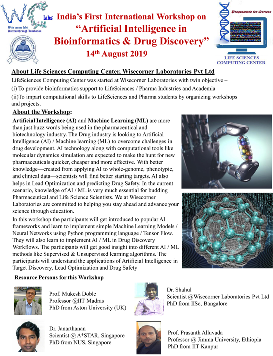 Workshop on Artificial Intelligence in Bioinformatics & Drug Discovery | 14th August 2019