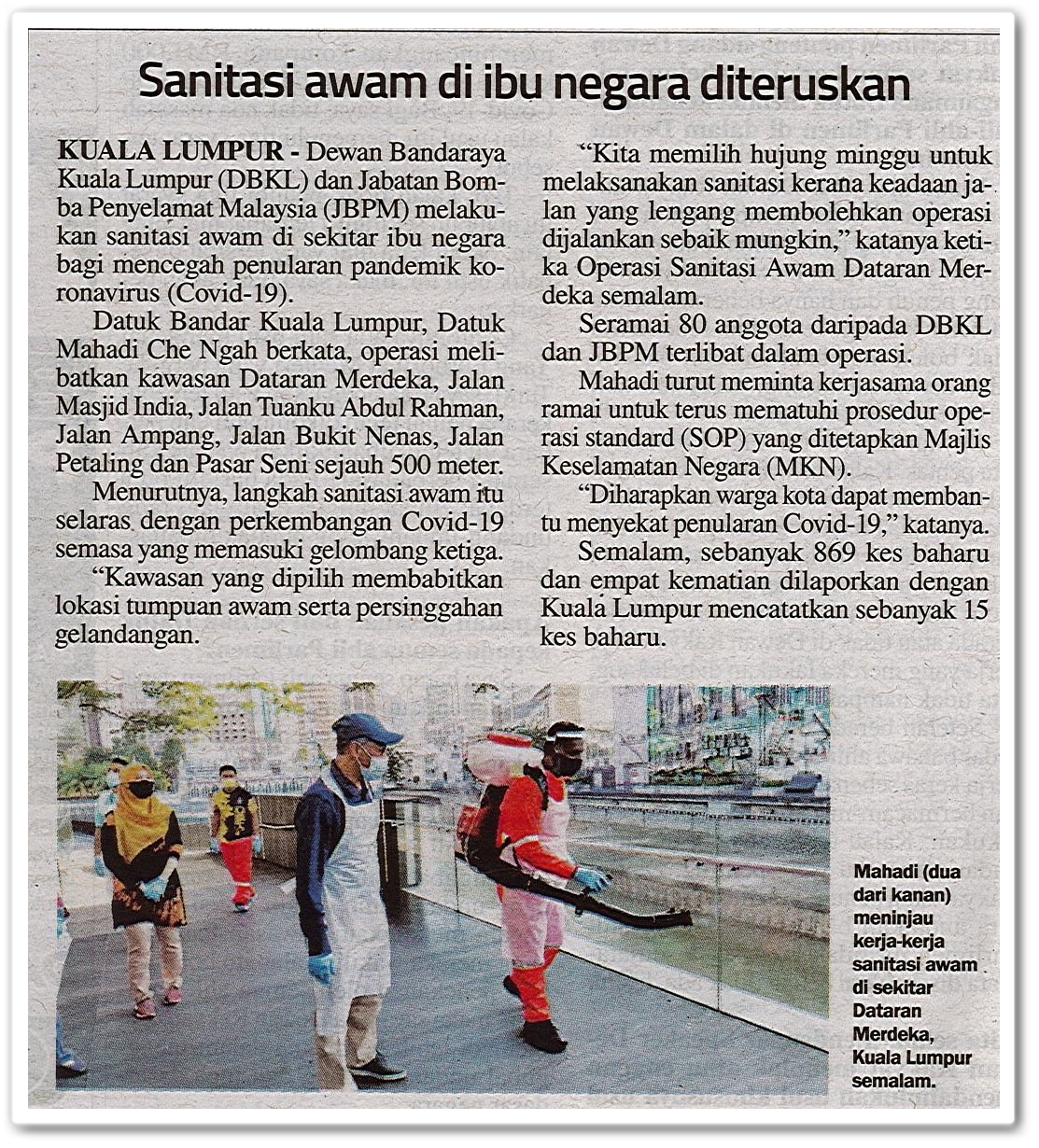 Sanitasi awam di ibu negara diteruskan - Keratan akhbar Sinar Ahad 18 Oktober 2020