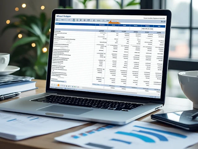 A budget spreadsheet on a laptop screen with detailed line items and justifications, symbolizing meticulous financial planning and transparency in grant proposals