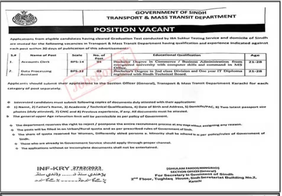 Transport and Mass Transit Department Sindh Jobs 2023 Latest Advertisement