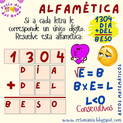 Desafío matemático, Reto matemático, Problema matemático, Juego de letras, Juego de palabras, Suma de letras, Suma de palabras, Alfamética, Criptoaritmética, Criptosuma, Criptograma, Retos mentales, Retos visuales, Día del Beso, Día Internacional del Beso