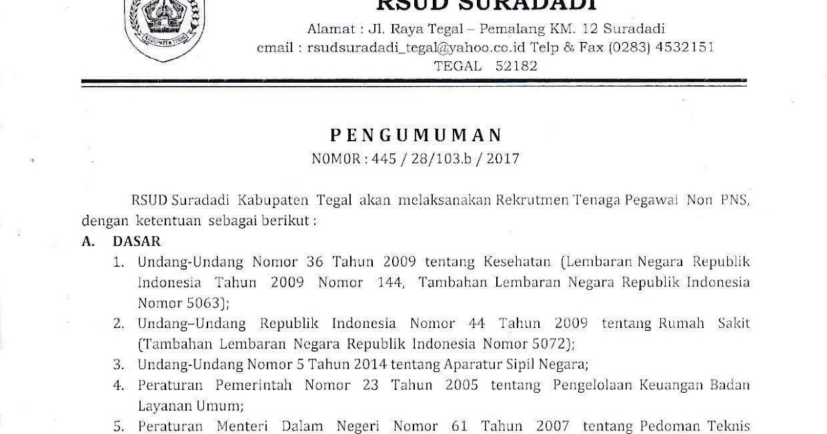 Lowongan Kerja Non PNS di RSUD Suradadi Kab. Tegal Tahun 2017