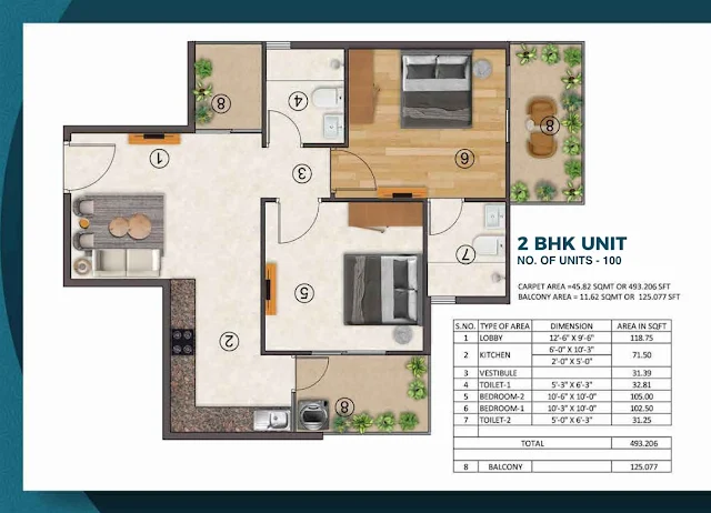 rof ambliss 78 2bhk Type-1 Floor Plan