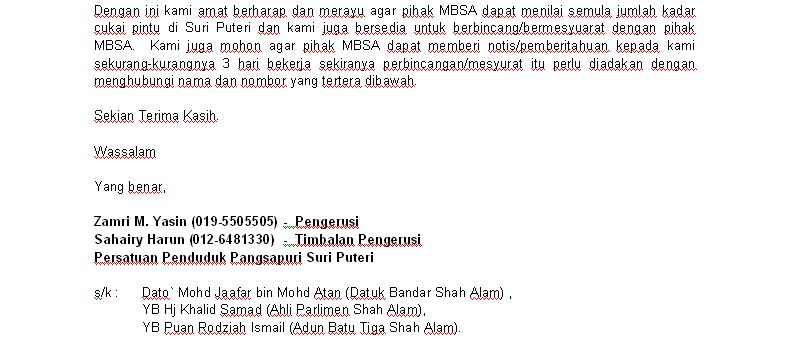 Surat Rayuan Kepada MBSA - Pengurangan Kadar Nilai Cukai 