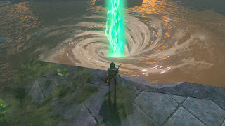 a giant vortex in the muddy water with a beam of green light emerging from the center