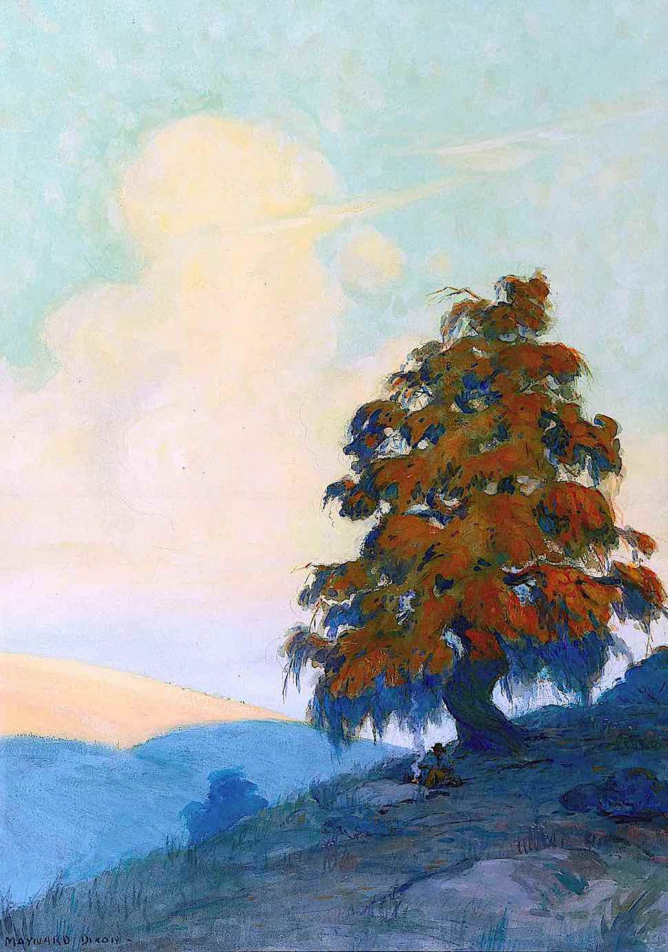 a Maynard Dixon painting of a cowboy's campfire under a giant tree