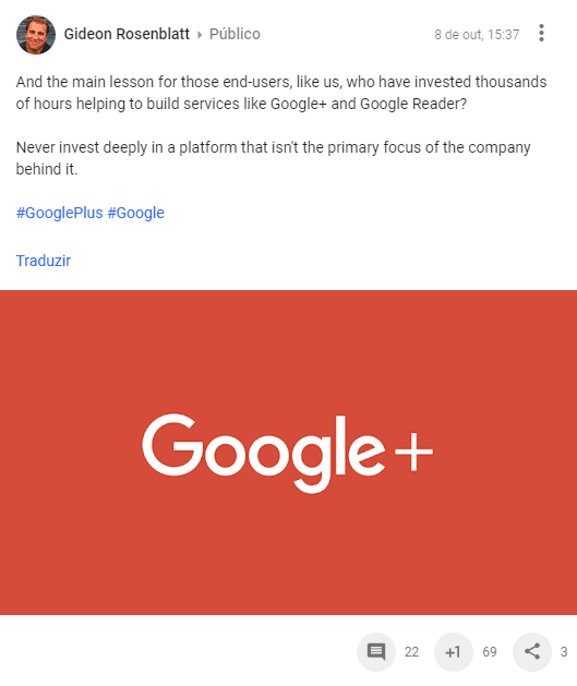 Comentário do Gideon Rosenblatt sobre o fim do Google Plus