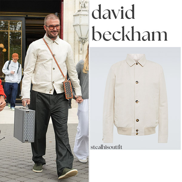 David Beckham in cream button jacket and grey tailored trousers