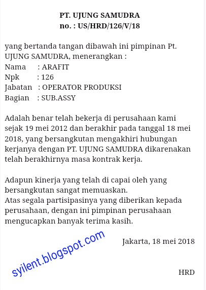 Contoh Surat Pemberitahuan Habis Masa Kontrak Kerja 