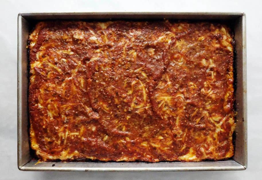 baked Detroit-style pan pizza