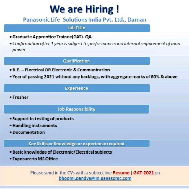 Panasonic LifeSolutions India Pvt. Ltd. - Job Opportunity for Freshers AndhraShakthi - Pharmacy Jobs