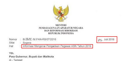 Surat Edaran Menpan RB Tentang Pengadaan CPNS Tahun 2016 Tertanggal 25 Juli