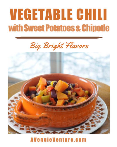 Vegetable Chili with Sweet Potatoes & Chipotle ♥ AVeggieVenture.com, a confetti of colorful vegetables and beans warmed with chili spices.