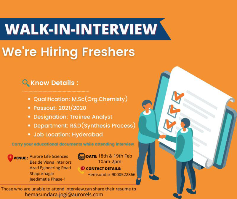 Job Availables,Aurore Life Sciences  Walk-In-Interview For MSc Organic Chemistry- Freshers