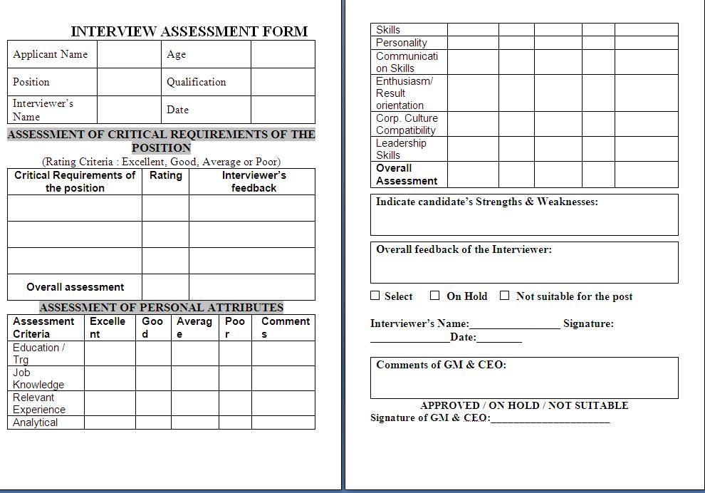 Download Above Interview Assessment Format