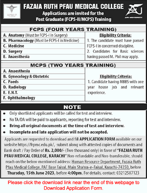 Fazaia Ruth PFAU College karachi postgraduate Training jobs 2023
