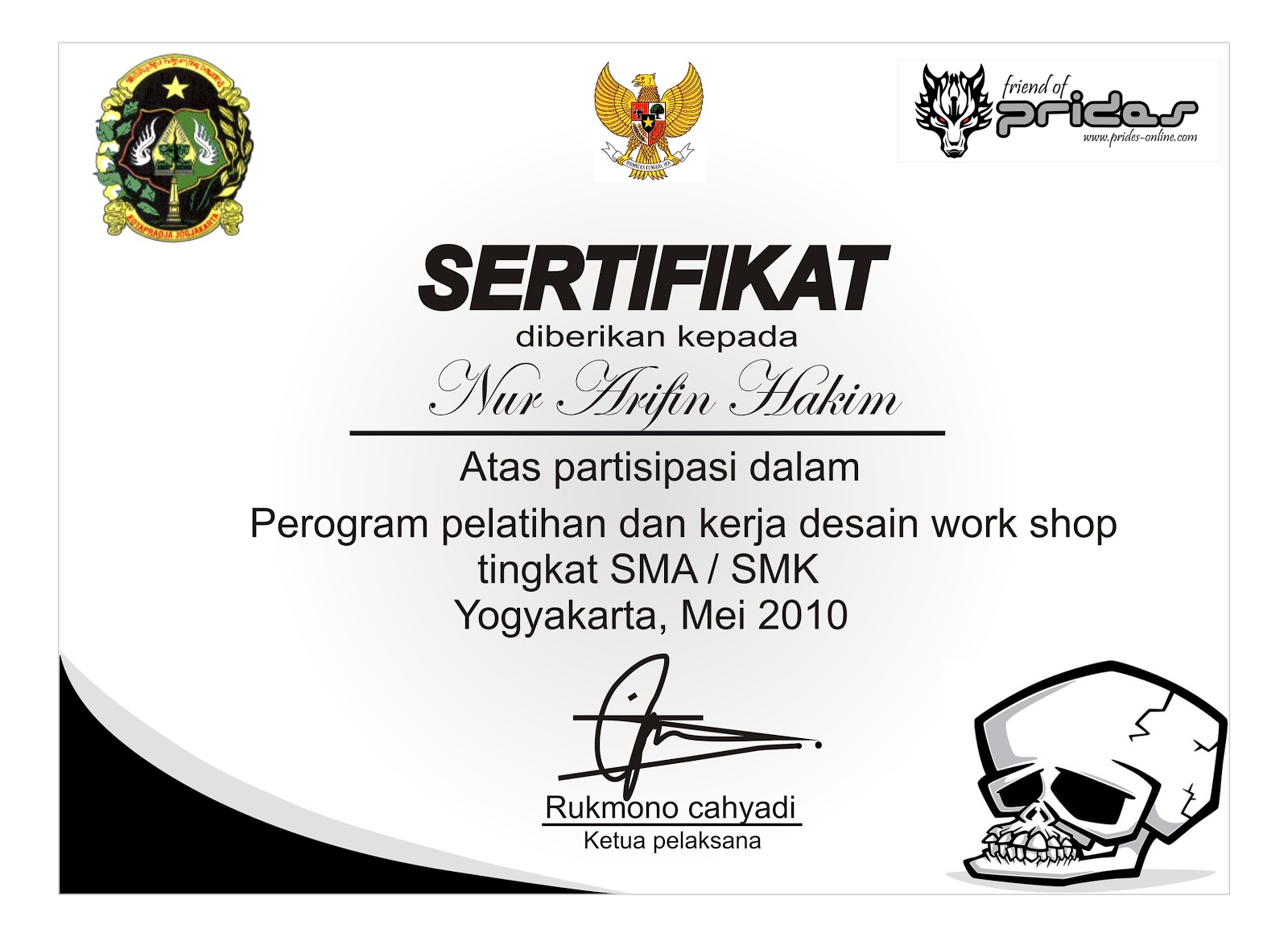 Contoh sertifikat acara dan kerja  PUTRA ARJUNA YOGYAKARTA