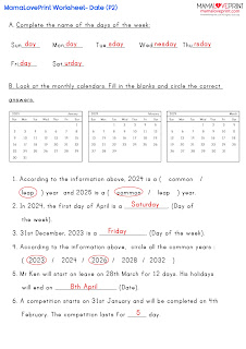 MamaLovePrint . Grade 2 Math Worksheets . Date (Problem related to date) PDF Free Download (With Answer) 小二英文數學