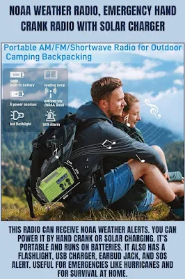 This radio can receive NOAA weather alerts. You can power it by hand crank or solar charging. It's portable and runs on batteries. It also has a flashlight, USB charger, earbud jack, and SOS alert. Useful for emergencies like hurricanes and for survival at home.
