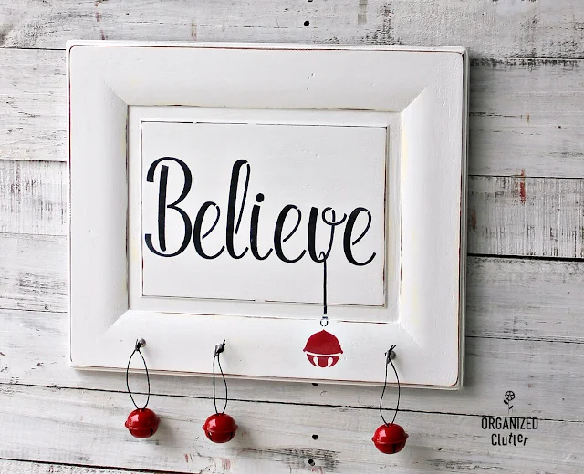 Re-Purposed Cabinet Door Christmas Sign with Target Jingle Bells #stencil #Christmasdecor #signs #stencil #believe #cabinetdoor #jinglebells