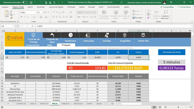 Planilha de Consumo de Água e Energia em Excel