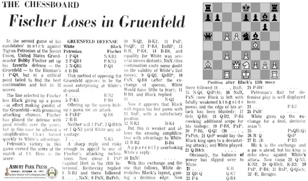 The Chessboard: Fischer Loses in Gruenfeld
