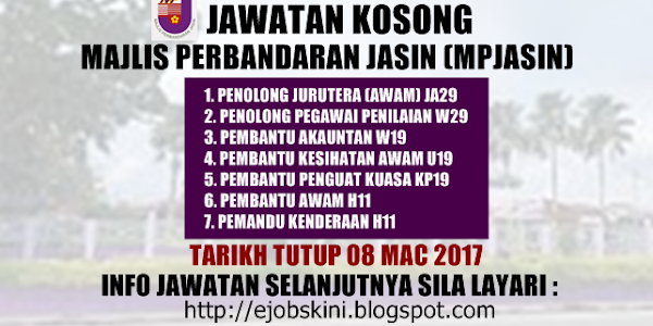 Jawatan Kosong Majlis Perbandaran Jasin (MPJasin) - 08 Mac 2017