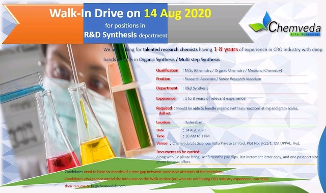 Chemveda Lifesciences | Walk-in for R&D synthesis department on 14 Aug 2020