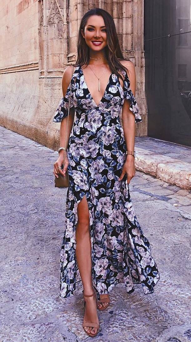 incredible summer outfit / printed maxi dress + bag + heels