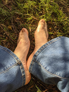 PippaD's bare feet walking around the garden