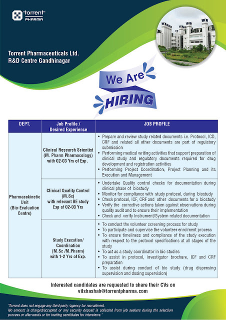 Torrent Pharma Hiring For Pharmacokinetic Unit