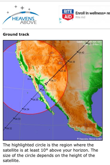 Predicted ground track for the first of the string of Starlink satellites (Source: www.heavens-above.com)