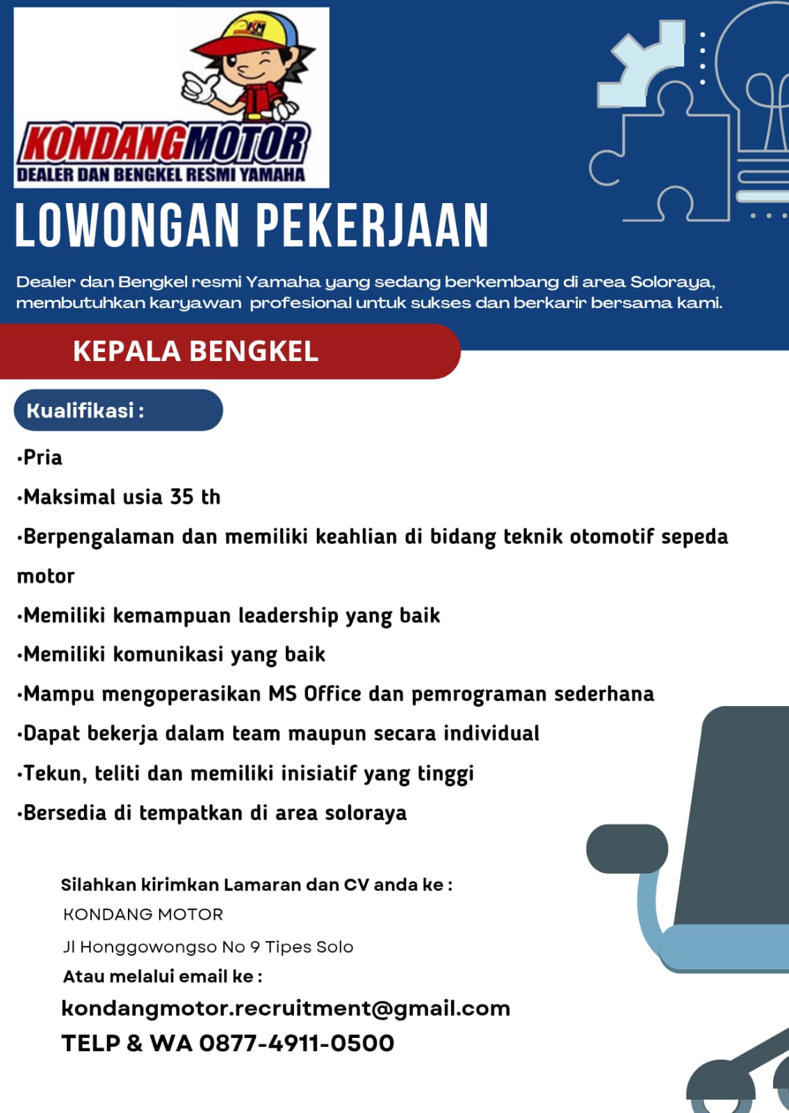 Loker Solo Raya Update di Dealer dan Bengkel Resmi Yamaha Kondang Motor
