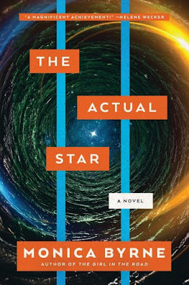 Front cover of the novel, The Actual Star, orange and white lettering, a star in the night sky as viewed from a cave belowon a galaxy background
