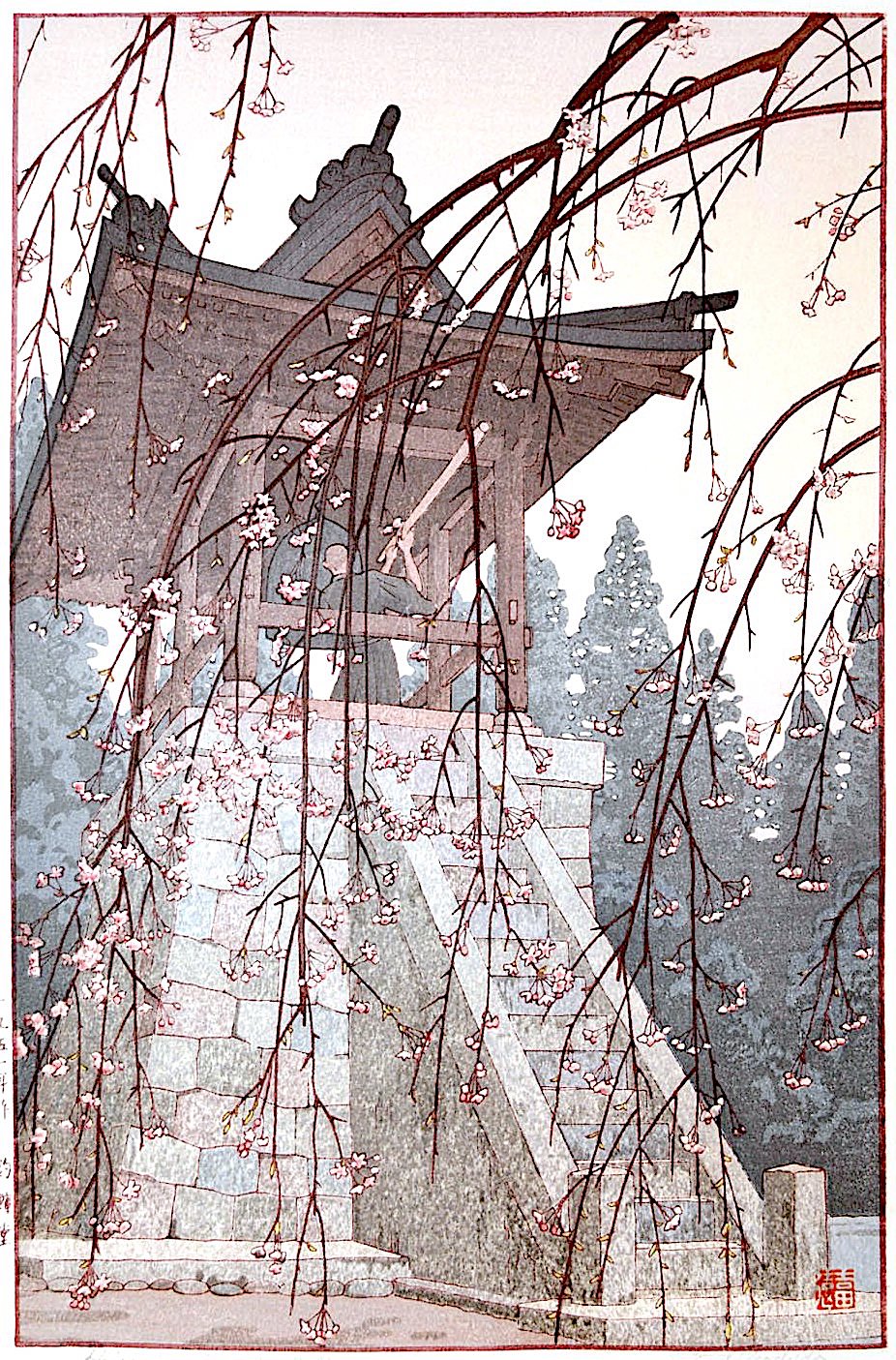 Toshi Yoshida, a monk strinking a bell among blossoms