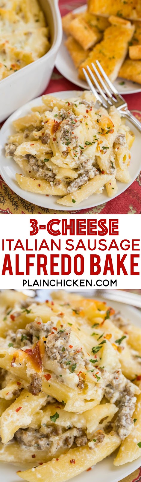 Three Cheese Italian Sausage Alfredo Bake | Plain Chicken®