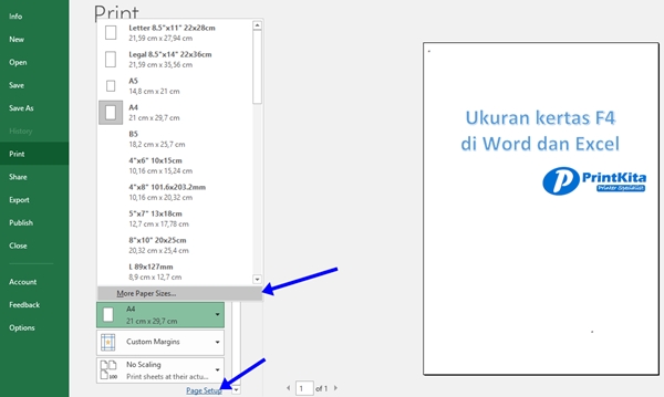 Cara Setting Ukuran Kertas F4 Folio di Ms Word dan Excel 