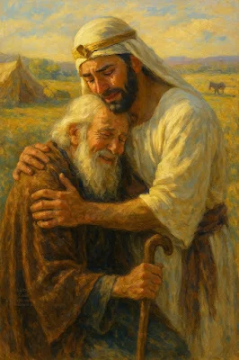Joseph embraces his father Jacob in Goshen after years apart – 요셉이 고센에서 아버지 야곱을 껴안는 장면