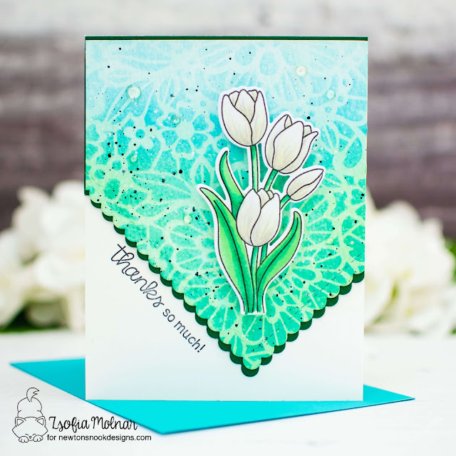 Tulip Thank You Card by Zsofia Molnar | Tulips Stamp Set, Daffodils Stamp Set, Floral Lace Stencil and Frames & Flags Die Set by Newton's Nook Designs #newtonsnook #handmade