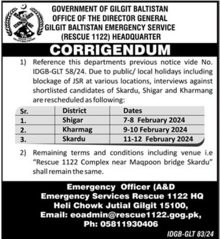 Gilgit Baltistan Emergency Services Management Jobs In Gilgit 2024