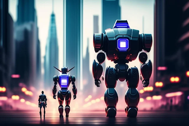 two-robots-are-walking-front-cityscape
